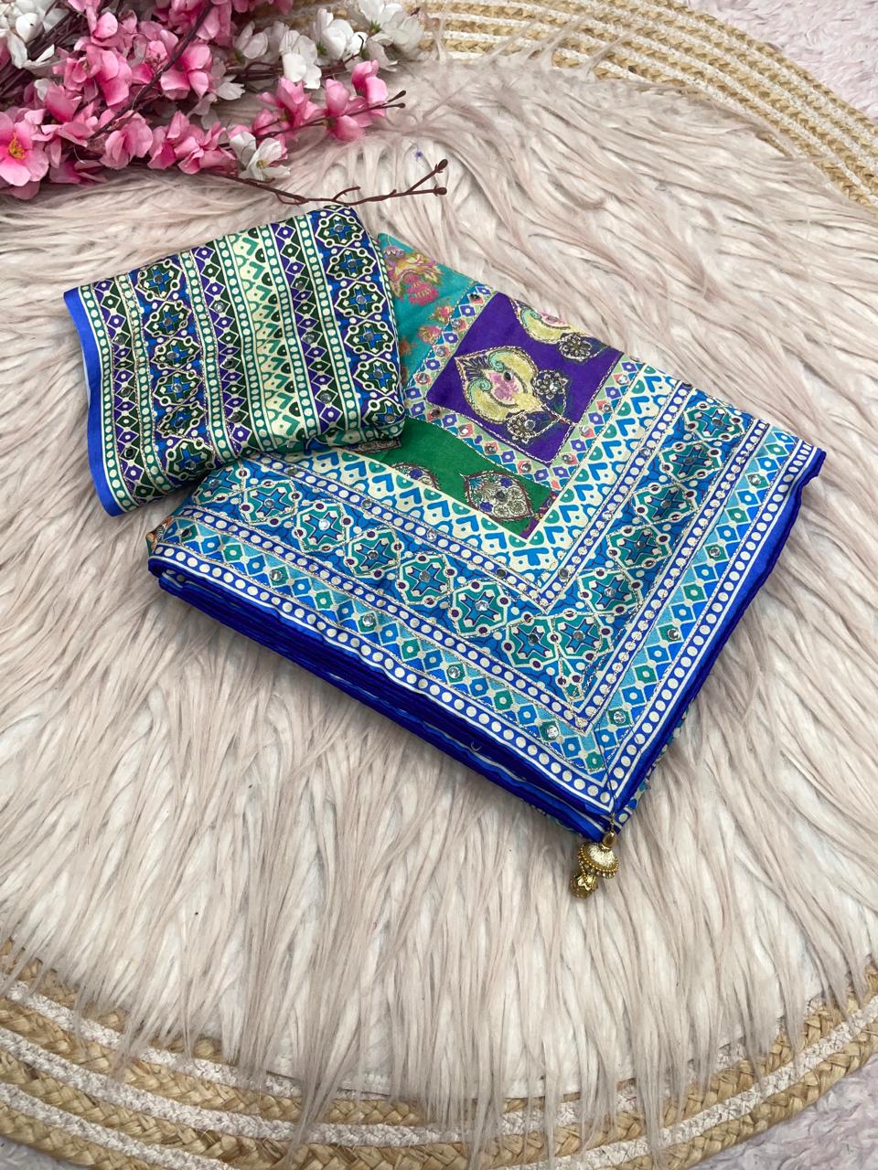 Digital Print Saree with Intricate Aari Work and Original Mirror Work